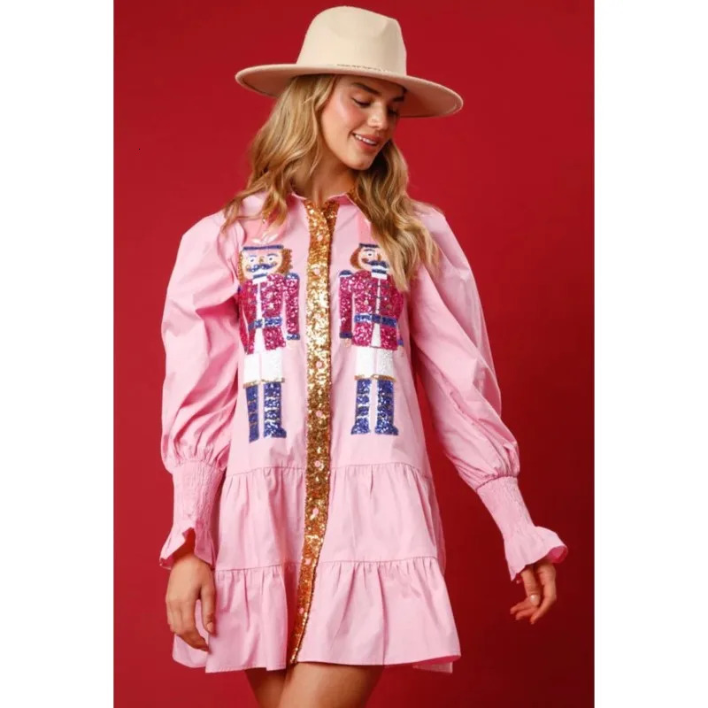 Women Sequin Christmas Shirt Dress Holiday Party Santa Sweatshirt Dresses Long Sleeve Tiered Mini Sundress for Prom Vestido 241025