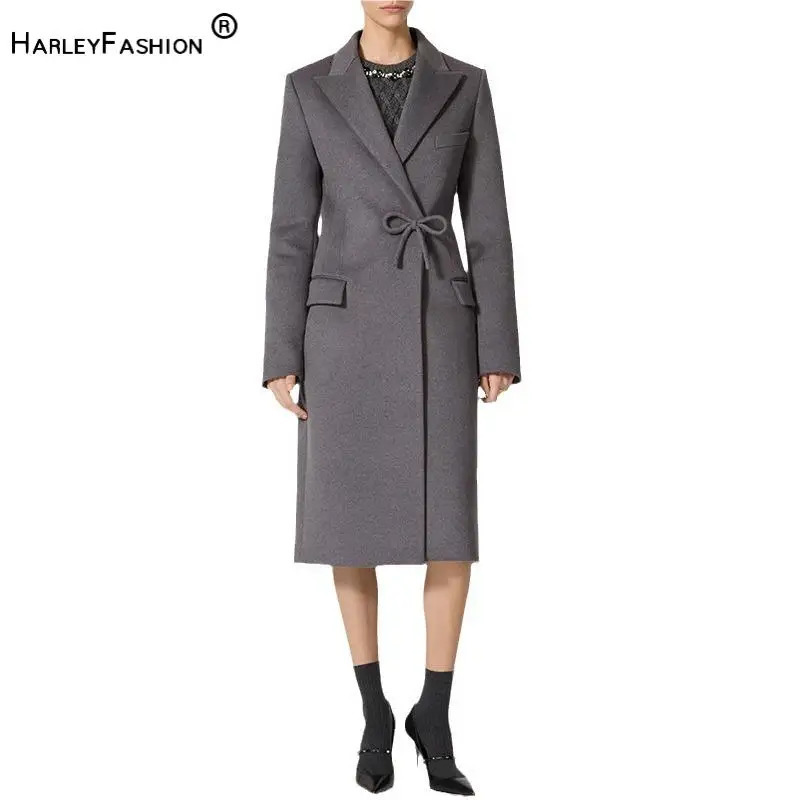 2024 est Winter Vintage Long Cloth Bowknot Notched Full Sleeve Women High Quality Solid Wool Blends Coat 241025