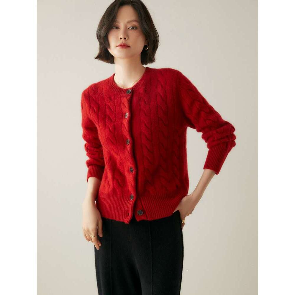 Women's 100% Sweater O-Neck Cable Knit Cardigan Autumn Winter Preppy Style Cashmere Knitwear Thickened Soft Female Tops