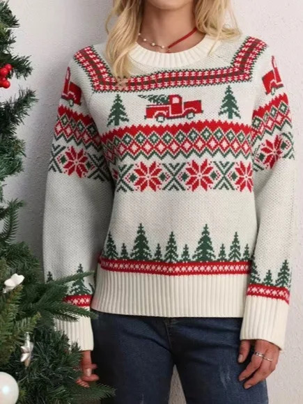 Autumn and Winter Classic Casual Lazy Christmas Tree Jacquard Embroidery Round Neck Pullover Sweater 241025