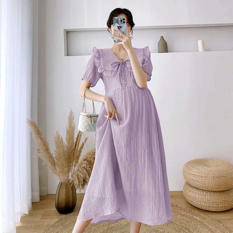 Cute pleated O-neck pregnant A-line dress 2024 summer Korean fashion elegant pregnant womens clothing W241026