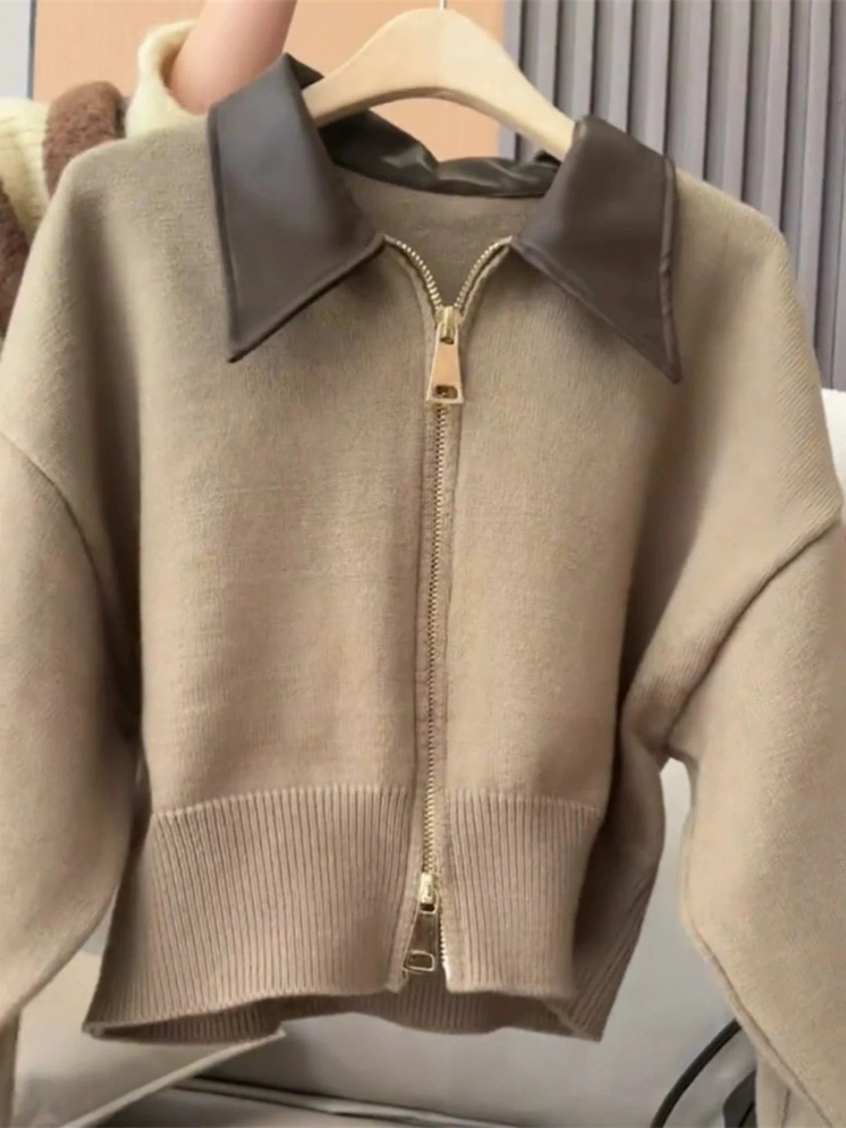 Spliced Leather Collar Knit Sweater Fashion Double Zipper Cardigan Womens AutumnWinter Soft Vintage Long Sleeve Streetwear 241025