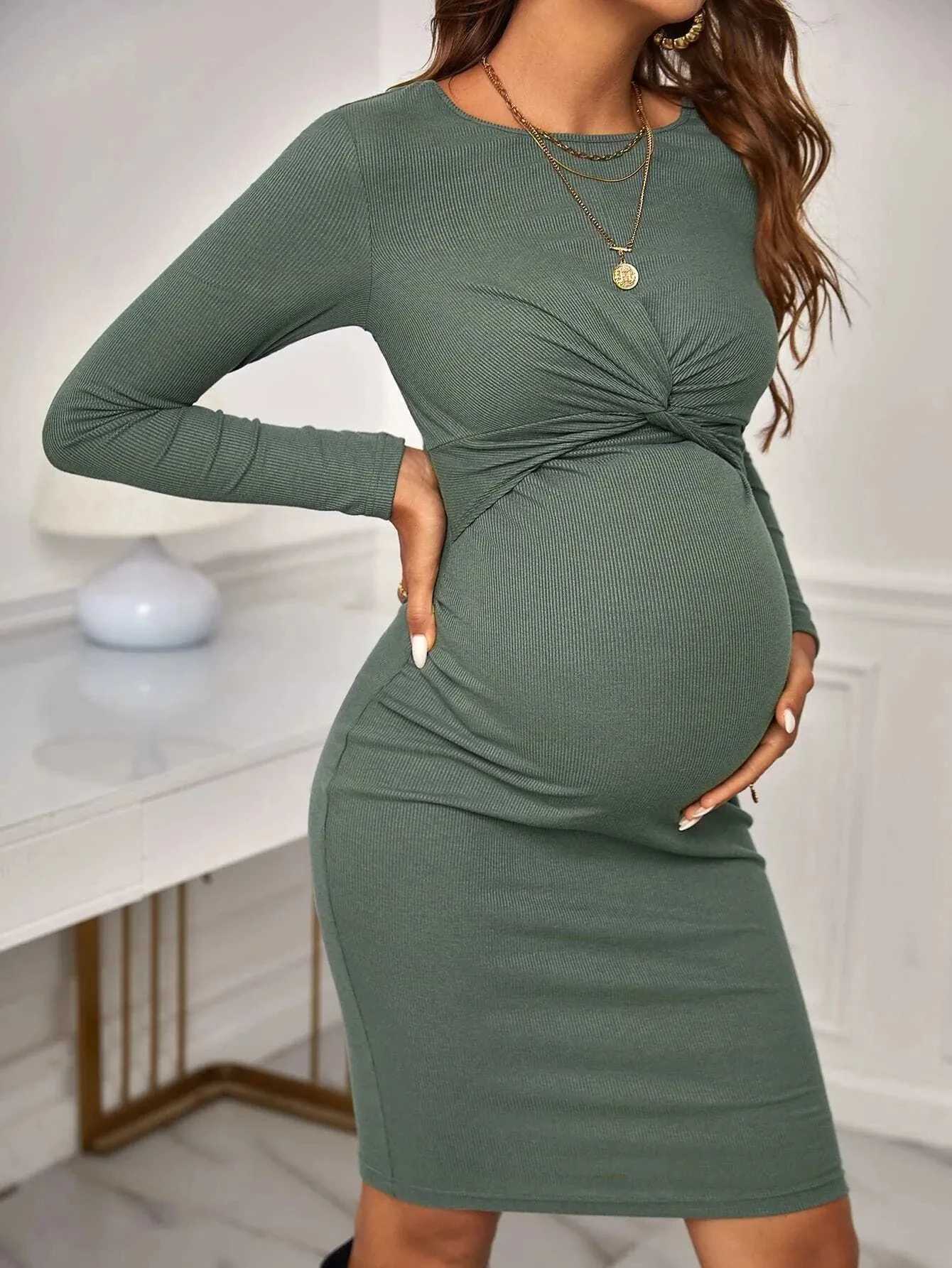 Solid maternity long sleeved dress 2023 autumn maternity cross knitted dress maternity club clothing W241026