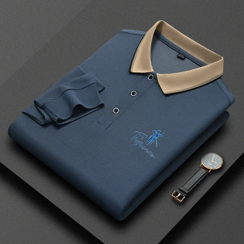 Mens Casual Embroidery Long Sleeve Polo Shirt Fashion Solid Color Top y241025