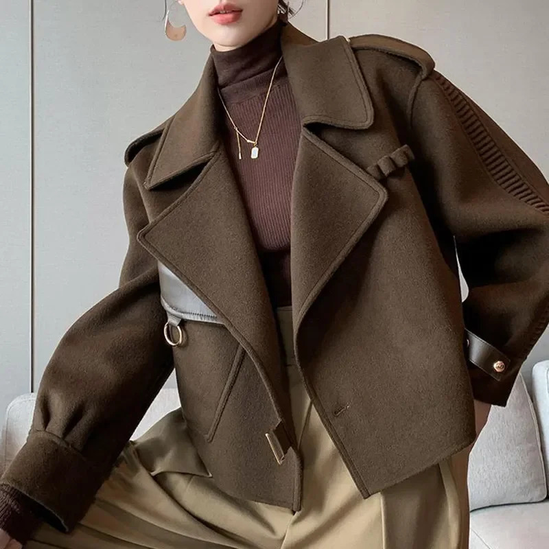 Womens Autumn Coat 2023 Pockets Solid Loose Short Jackets Ladies Wool Blends High Street Winter Woolen Coats for Women FWE60 241025