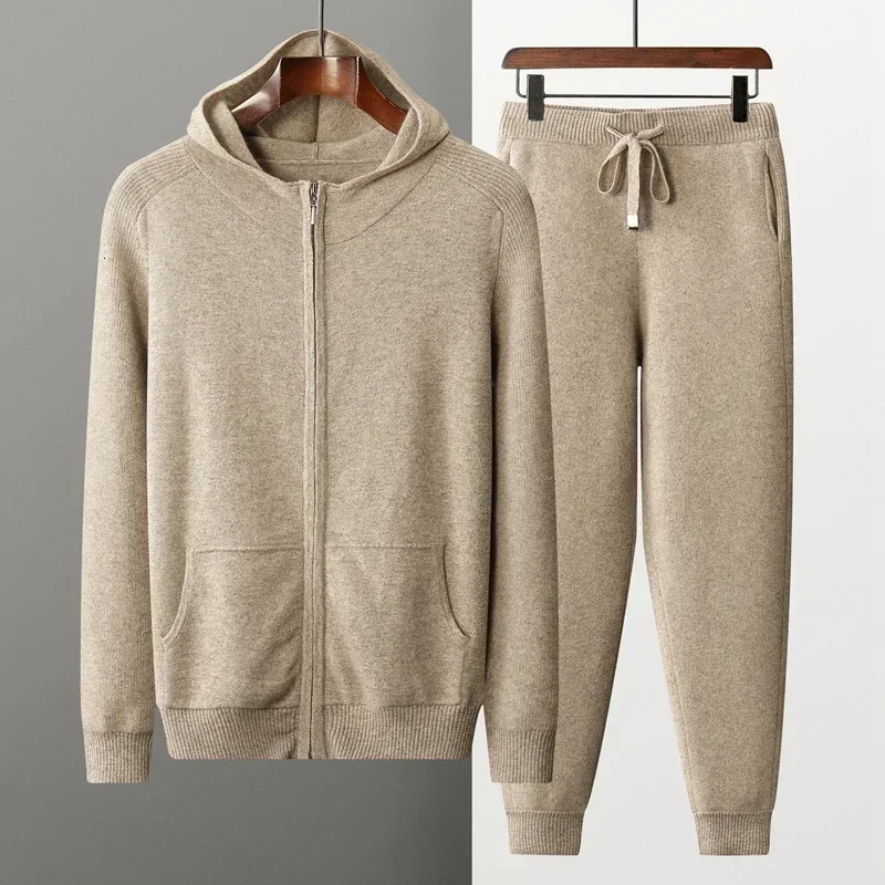 100% Cashmere Suit Men Hooded Zipper Cardigan Autumn Winter Knitted High Waist Trousers Fashion Solid Color Sweater 241025