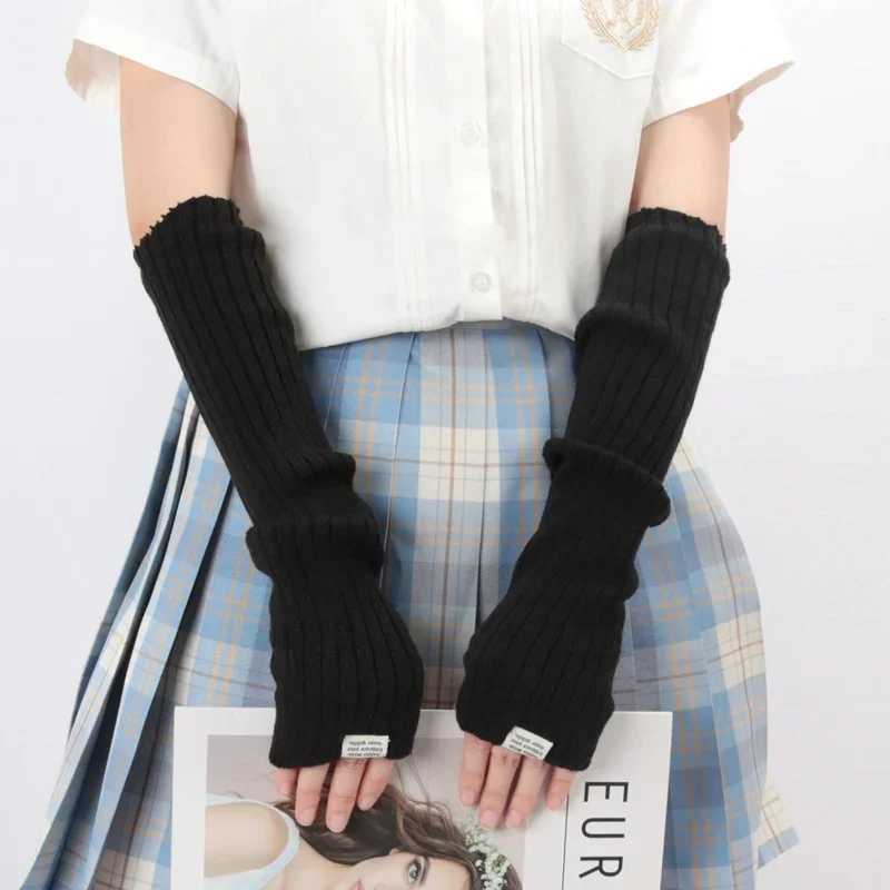 Womens Y2K Fashion Finger Gloves White Black Cosplay Anime Gs Winter Arm Warmth Gothic Harajuku Knitted Gloves Arm Sleeves W241026