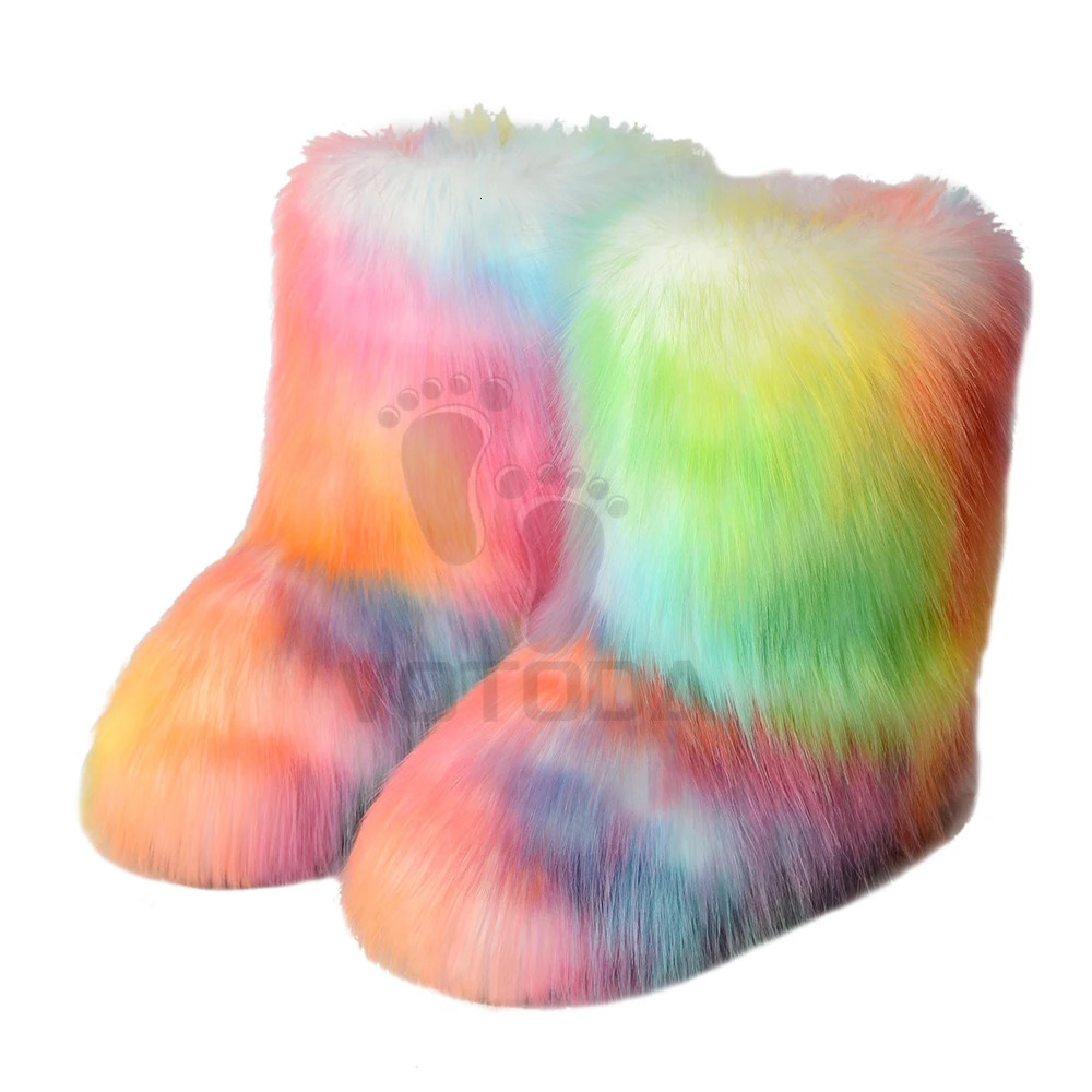 Winter Fuzzy Boots Women Furry Shoes Fluffy Fur Snow Boots Plush lining Slip-on Rubber Flat Outdoor Bowtie Warm Ladies Footwear 241025