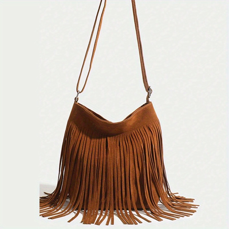 Brown Suede Elegant Crossbody Bag with Adjustable Strap - Hand Washable, Solid Color, Buckle Closure, Polyester Lined, No Oil Edges Fringe Shoulder Ba