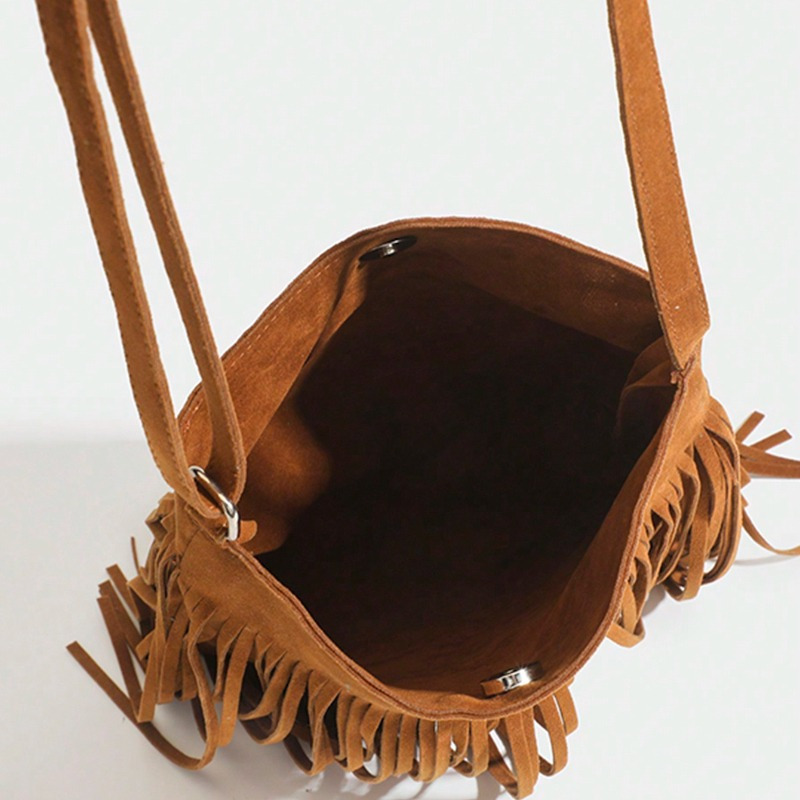 Brown Suede Elegant Crossbody Bag with Adjustable Strap - Hand Washable, Solid Color, Buckle Closure, Polyester Lined, No Oil Edges Fringe Shoulder Ba