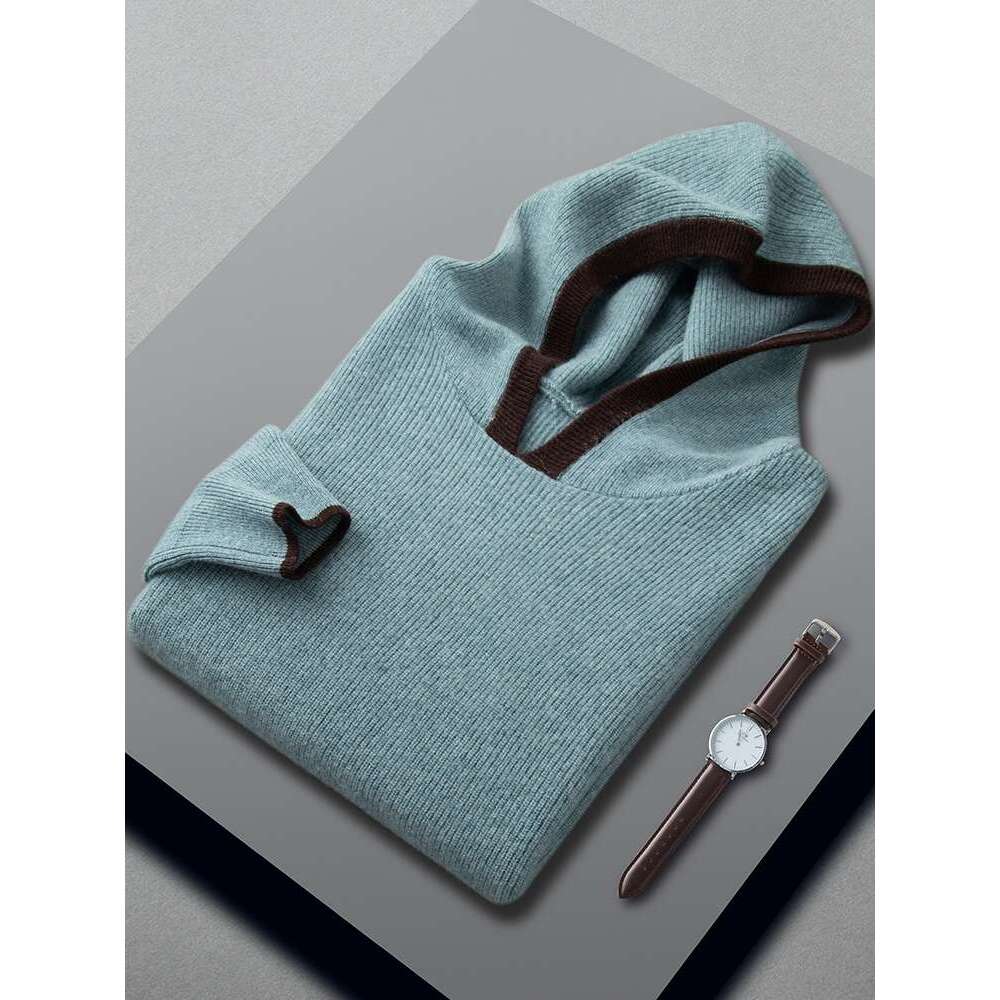 High-End Men's Hooded Sweater Autumn Winter Loose Long Sleeve Casual Pullover 100% Cashmere Knitwear Korean Hoodie Tops