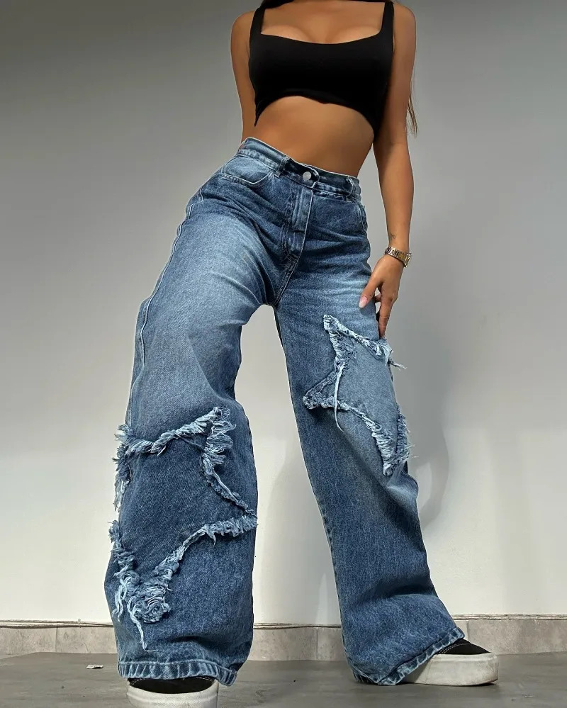 Y2K Fashion Star Embroidery Patch Baggy Jean Street Harajuku Vintage Hip Hop Casual Gothic High Waist Wide Leg Pants 241025