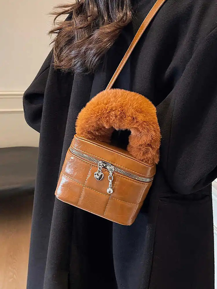 Retro Mini Womens Luggage Autumn Plush Handbag Retro Cross Body Bucket Bag Fashion Zipper Style Shoulder Bag 241025