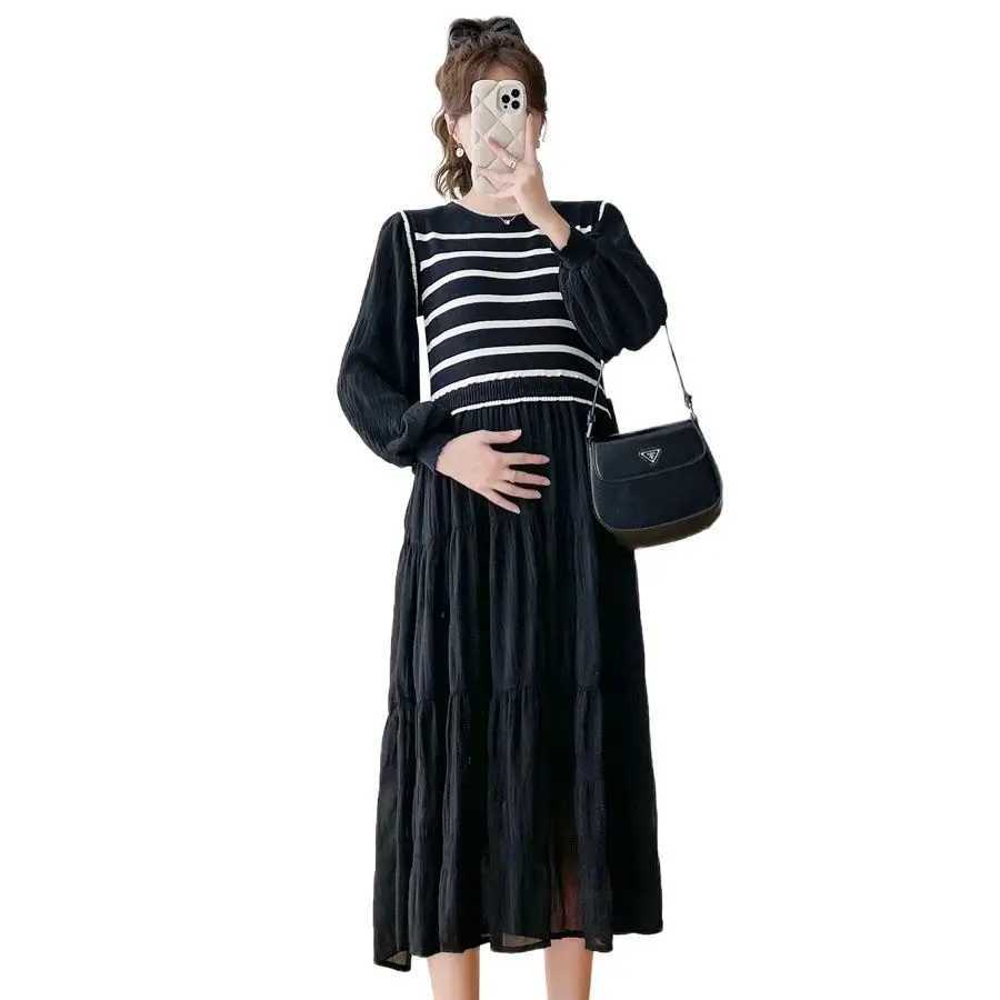 Autumn maternity dress block color striped patch work long lantern sleeve patch work womens pleated maternity dress W241026