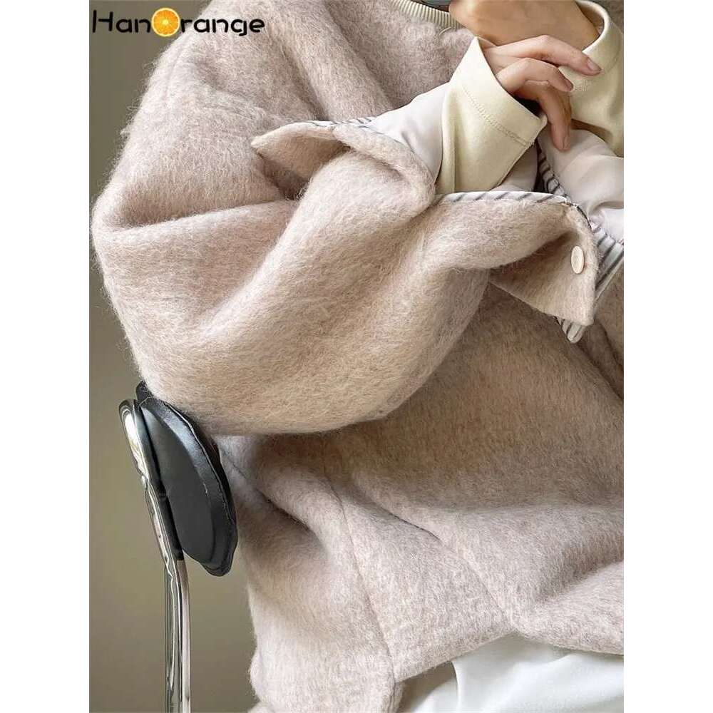 Hanorange 2024 Winter Casual Lazy Long Wool Coat Women Pullover Warm Silhouette Solid Color Outwear Female Grey/Pink