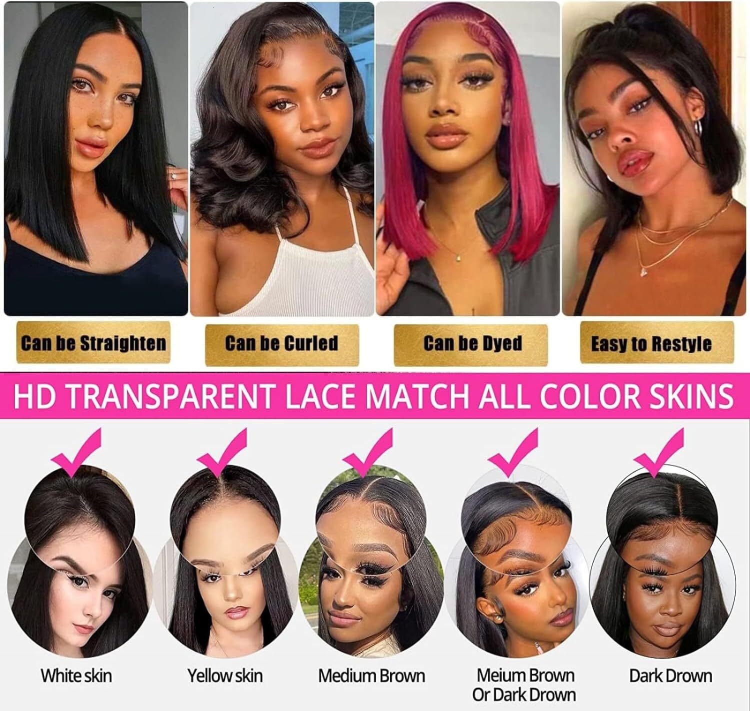 200% Density 13X4 Front Human Pre Plucked With Baby Hair Straight 4x4 Lace Closure Short Bob Wigs