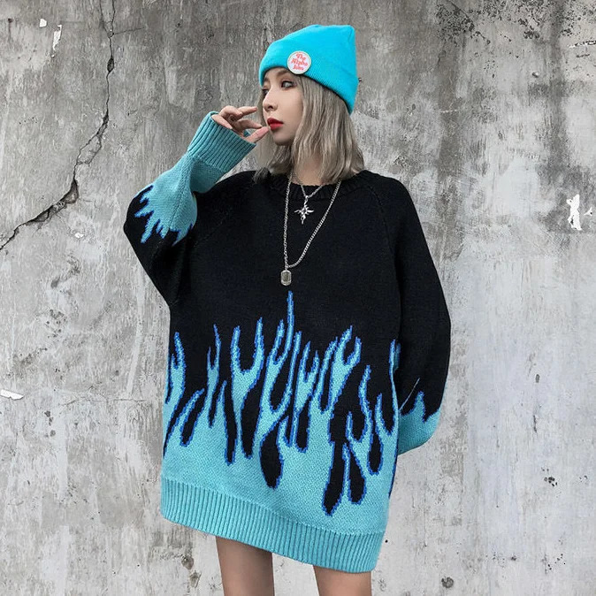 Autumn Women Oversize Sweater Harajuku Flame Knitted Couple Pullover Winter Hip Hop Oneck Loose Jacquard Men Sweatshirt 241025
