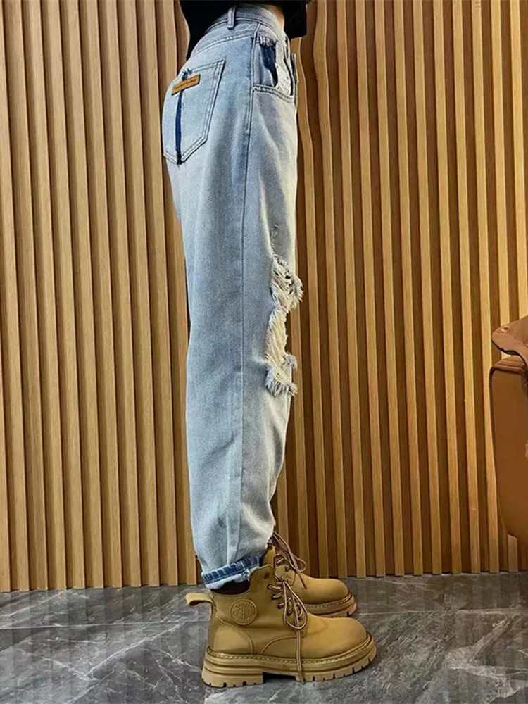 Vintage Ripped Jean Summer Holes Tassel Denim Pants Light Blue Trousers Female Wide Leg High Waist Straight Jeans 4XL 241025