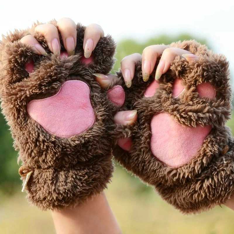 Cute Cat P Fluffy Cl Fingers Gs Warm and Soft Plush Fingers Panda G Half Fingers Female Winter Wearing Christmas Gift W241026