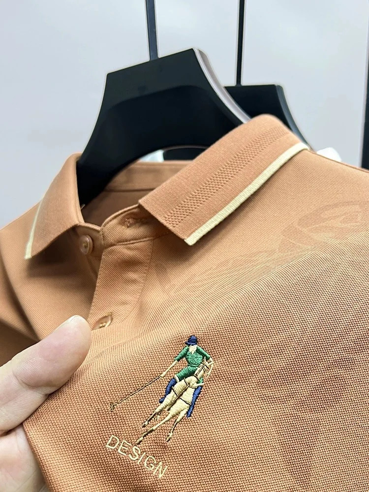 High end solid color long sleeved exquisite embroidered POLO shirt for mens fashion lapel Tshirt casual anti wrinkle top 241025