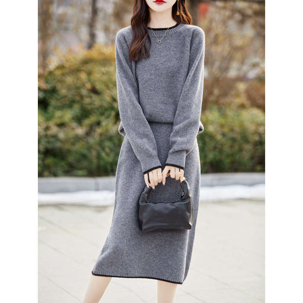 Fashion Suit Spring Autumn Winter 100% Merino Wool Knit High Quality Sweater Women Top And Harem Skirt Two-Piece Female Clothing