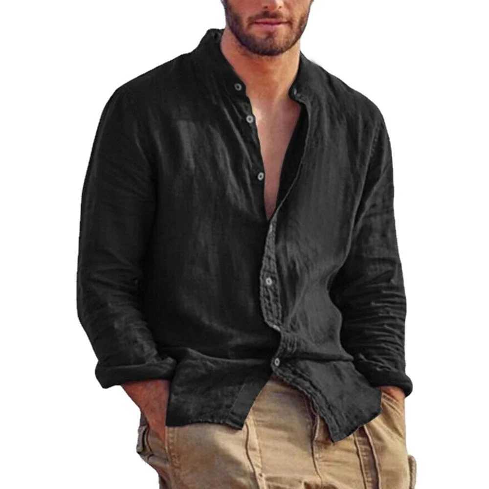 Mens solid color long slip shirt linen cotton shirt trend plus size stand up collar casual lightweight beach top W241026