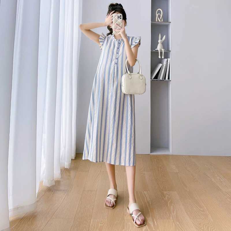 2024 Summer Pregnant Womens Striped Long Dress Petal Sleeve Cotton Linen Dress Sweet Sleeveless Pregnant Women A-line Dress W241026