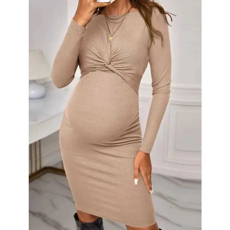 Hot selling round neck tight solid color short maternity dress long sleeved knitted maternity dress W241026