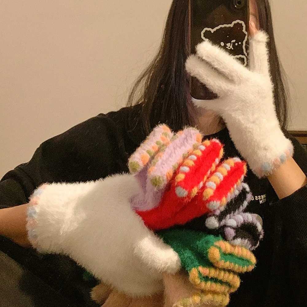 Korean style mink wool womens Gs touch screen five finger Gs outdoor bike winter Gs plush warm gloves 2024 W241026