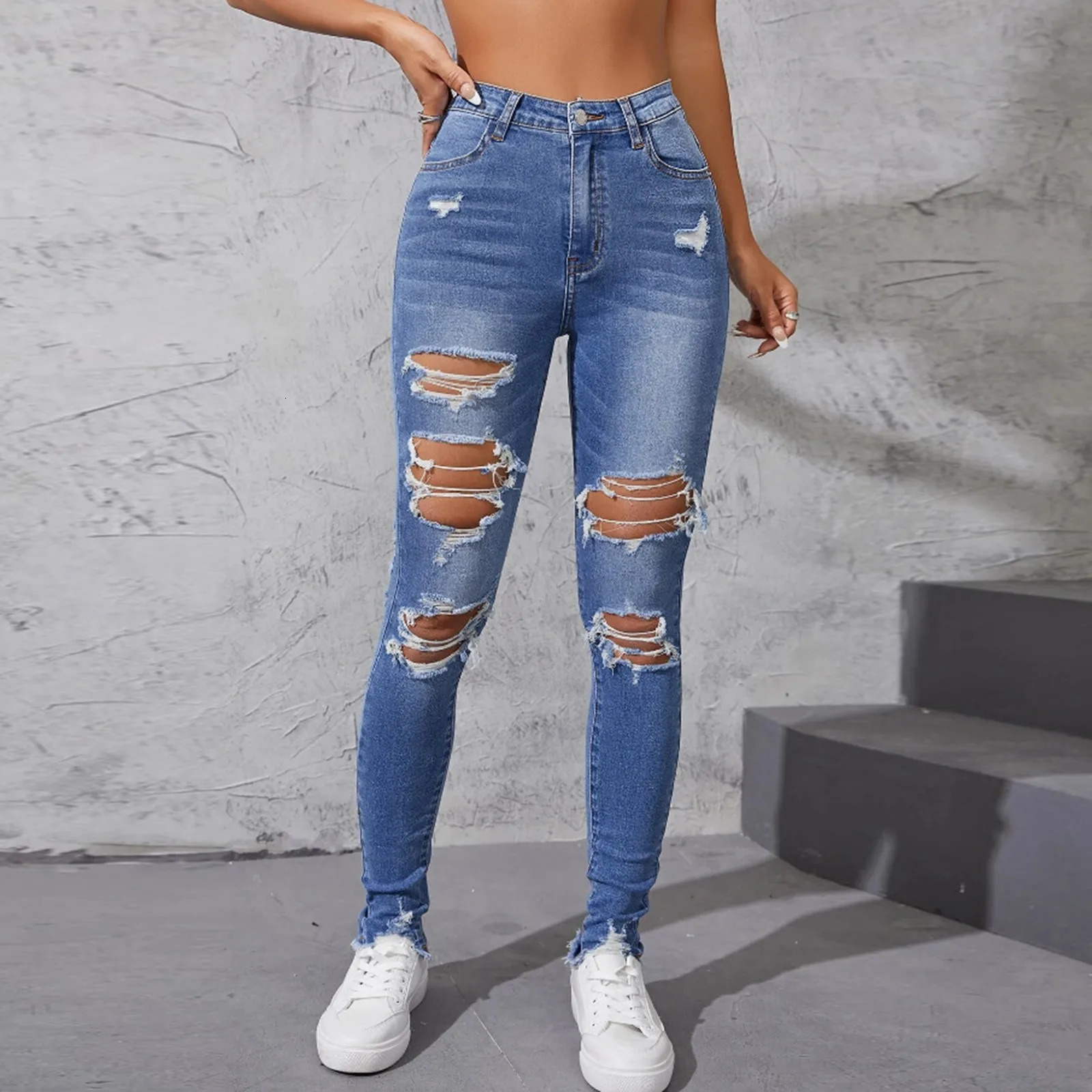 Womens Hole Jeans 2024 Ripped Skinny Pants For Women Raise Tail Push Up High Waist Denim Trousers 241025