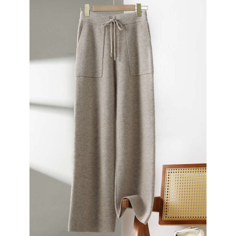 Autumn Winter New 100% Pure Wool Wide Leg Ladies Thicken Pocket Straight Pants Casual High Waist Warm Knit Trousers Female