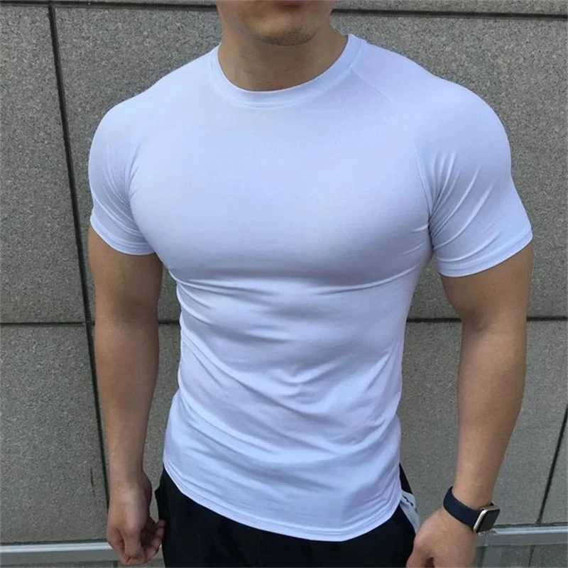 2024 New Mens Summer Short Slip Shirt Running Sports Fitness Compression T-shirt Casual Elastic Strength Top W241026