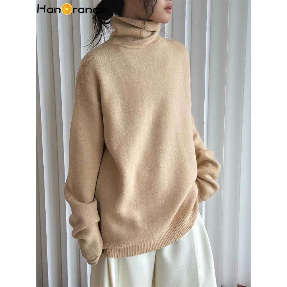 Hanorange 2024 Winter Turtleneck Cotton Cashmere Sweater Women Soft Skin Friendly Loose Top Black/Apricot