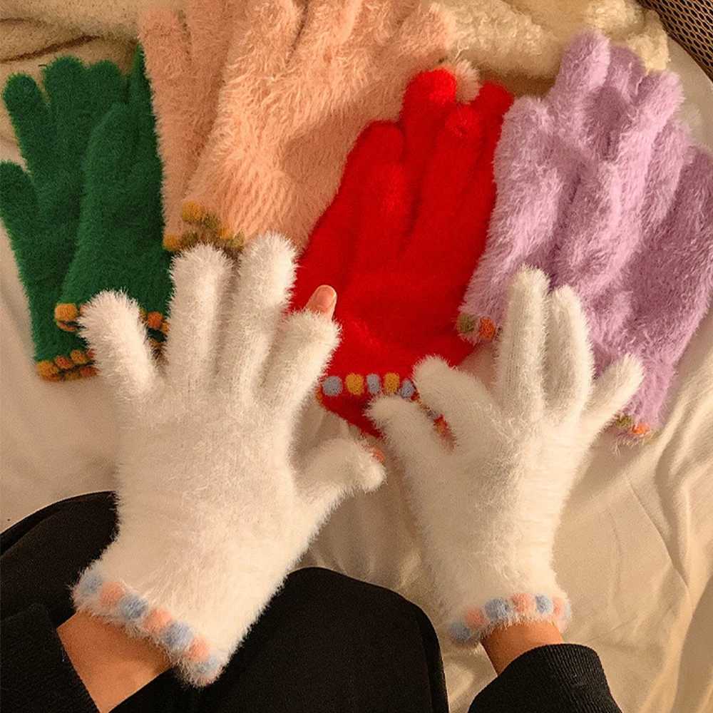 Korean style mink wool womens Gs touch screen five finger Gs outdoor bike winter Gs plush warm gloves 2024 W241026