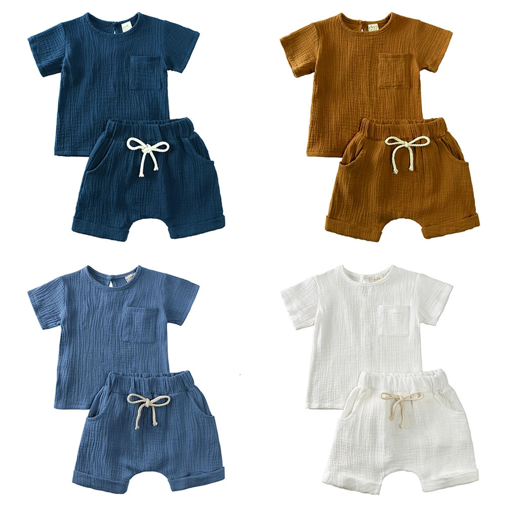 2024 Summer Toddler Baby Clothes Short Sleeve Elastic Shorts Breathable Cotton Suit For 024M Infant Boy Girl Solid Outfits 241025