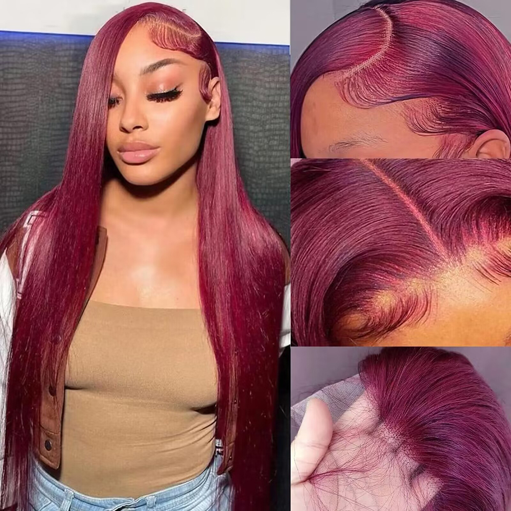 Bury HD Frontal Straight Red 13x6 Lace Front Wigs 99J Colored 200% Human Hair Wig 100%