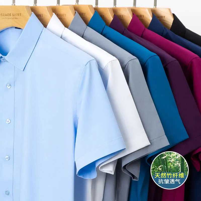 Bamboo fiber elastic mens shirt fashionable casual business short sleeved top anti wrinkle no solid color formal shirt S-6XL W241026