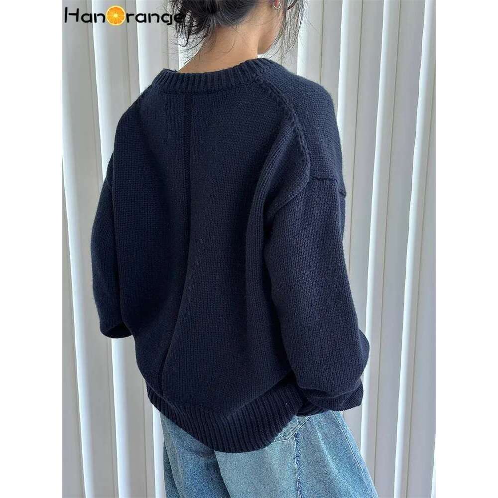 Hanorange 2024 Autumn Winter Simple Lazy Wool V-Neck Sweater Women Loose Silhouette Thick Pullover Top Grey/Navy Blue
