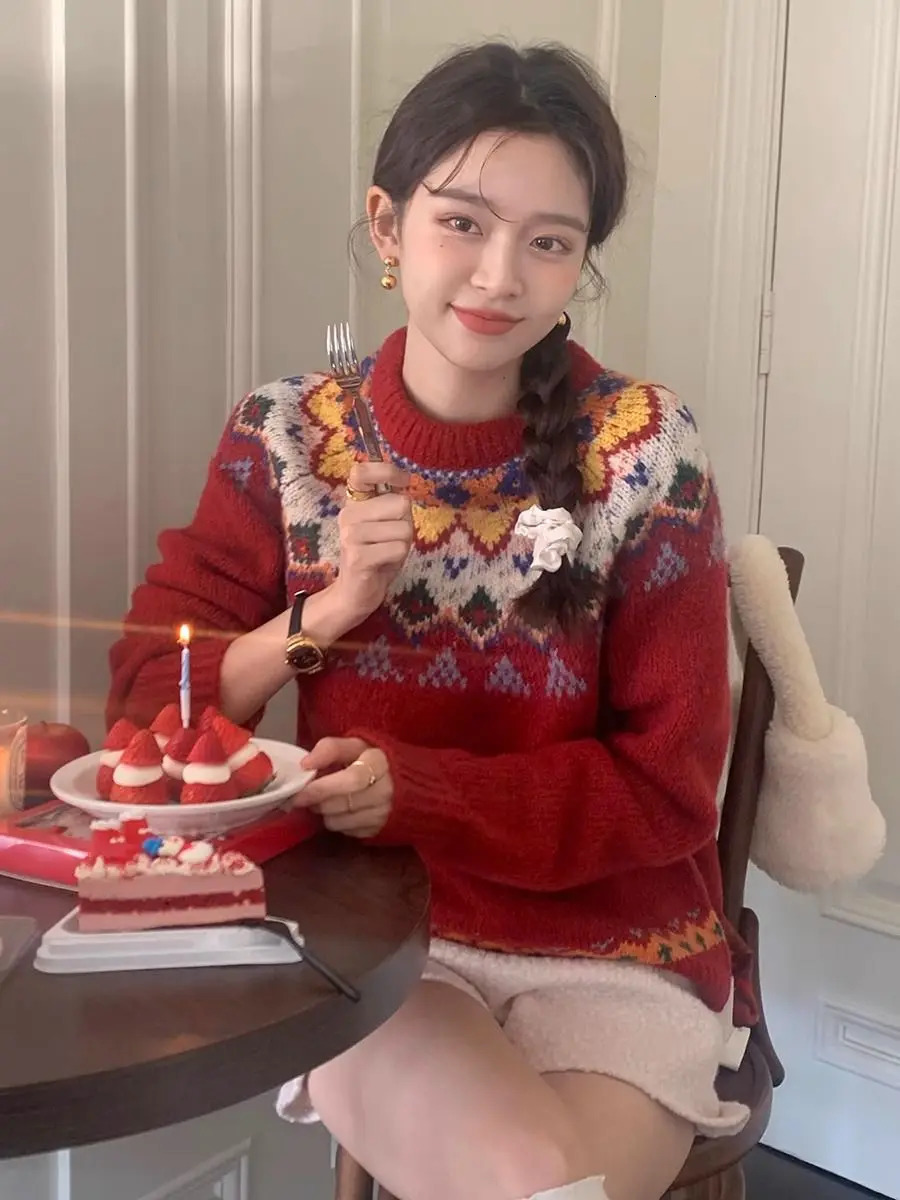 Fair Isle Retro Pattern Womens Sweater Cute Christmas Red Knitted Floral Comfortable Winter Parachute Loose Oversized 241025