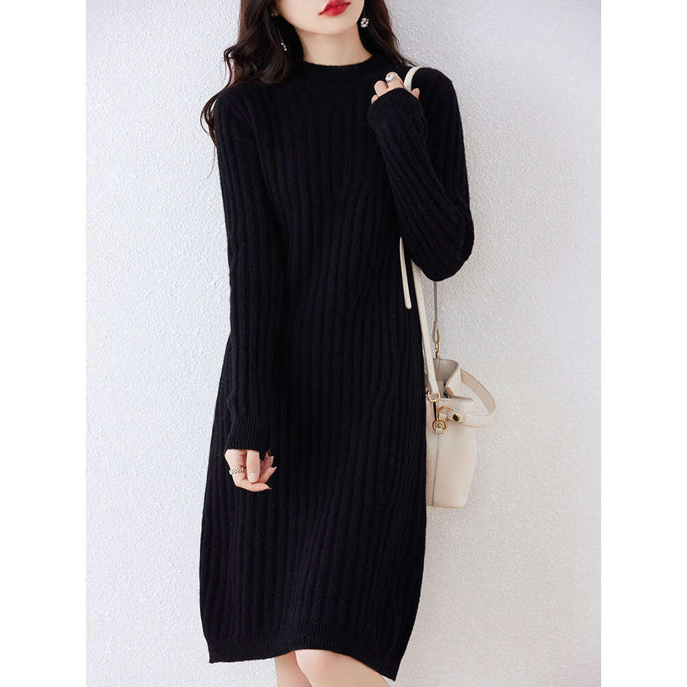 High Quality Women's Pullover Knee-Length Autumn Winter Mock-Neck Sweater 100% Merino Wool Knitwear Cashmere Thick Dress