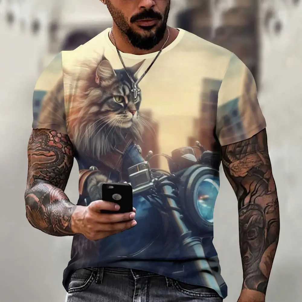Casual mens T-shirt with stray cat pattern printed T-shirt loose short sleeved T-shirt oversized mens clothing top summer T-shirt W241026
