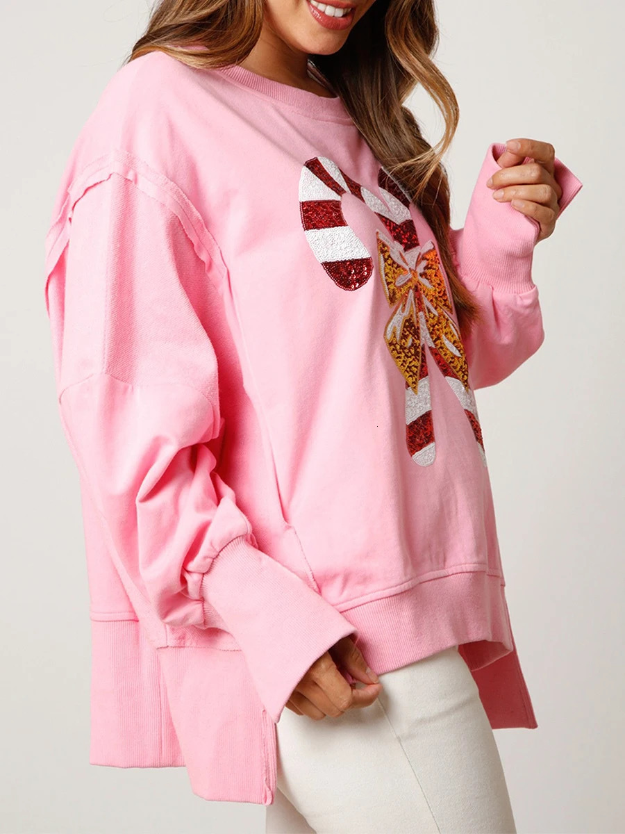 Women Christmas Sequin Sweatshirt Candy Cane Holiday Top Oversized Long Sleeve Sweatshirts Side Slit Sparkly Pullover 241025