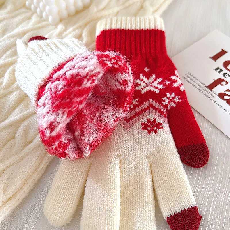 New Womens Knitted Gs Christmas Snowflake Printed Wool Gs Winter Warm Knitted Neutral Riding Work Gloves W241026