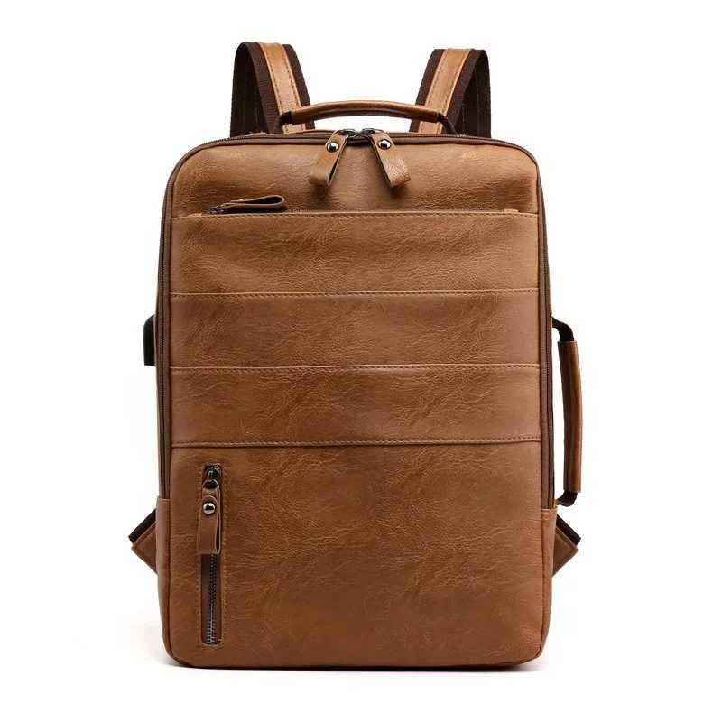 Business Backpacks For Men Waterproof PU Leather Laptop Bag Large Capacity USB Charging Rucksack Male Fi Bagpack mochilaXJ241026