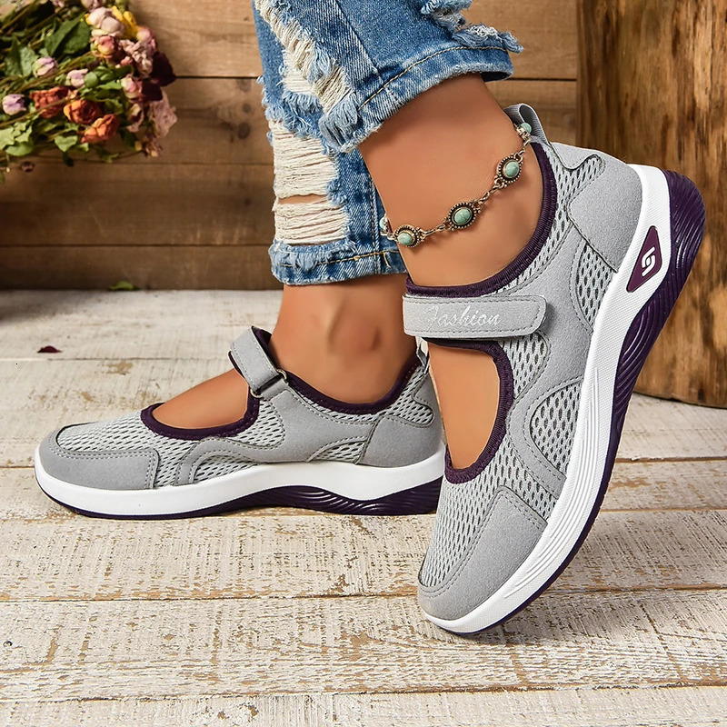 2024 Autumn Womens Shoes Hook and Loop Breathable Mesh Flat Sports Shoes Soft and Wear Resistant Inkless Running Shoes 241024