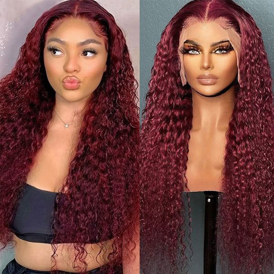 13x4 HD 99J Bury Deep Wave Front 220 Density Curly 30 34 Inches 13x6 Lace Frontal Human Hair Wig Red Wine For Women