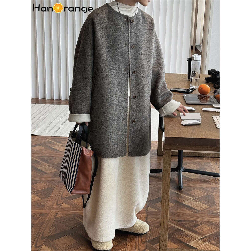 Hanorange 2024 Autumn Winter Fashion Wool Double Sided Woolen Coat Women Delicate Skin Friendly Loose Silhouette Outwear Oatmeal