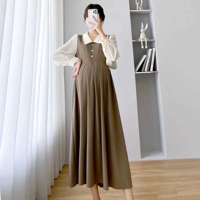 Autumn pregnant womens loose dress with long sleeves and collars elegant pleated dress for office ladies loose pregnant womens clothing W241026