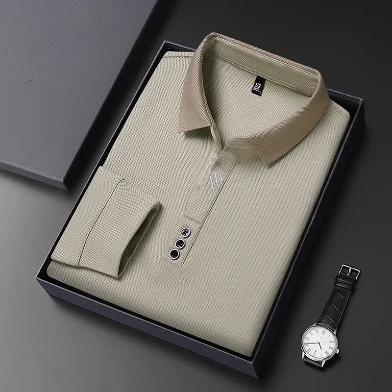 2025 Waffle Mens Long Sleeve Tshirt Spring Lapel Business Casual Polo Shirt Elastic Base Top Men Clothes 241025
