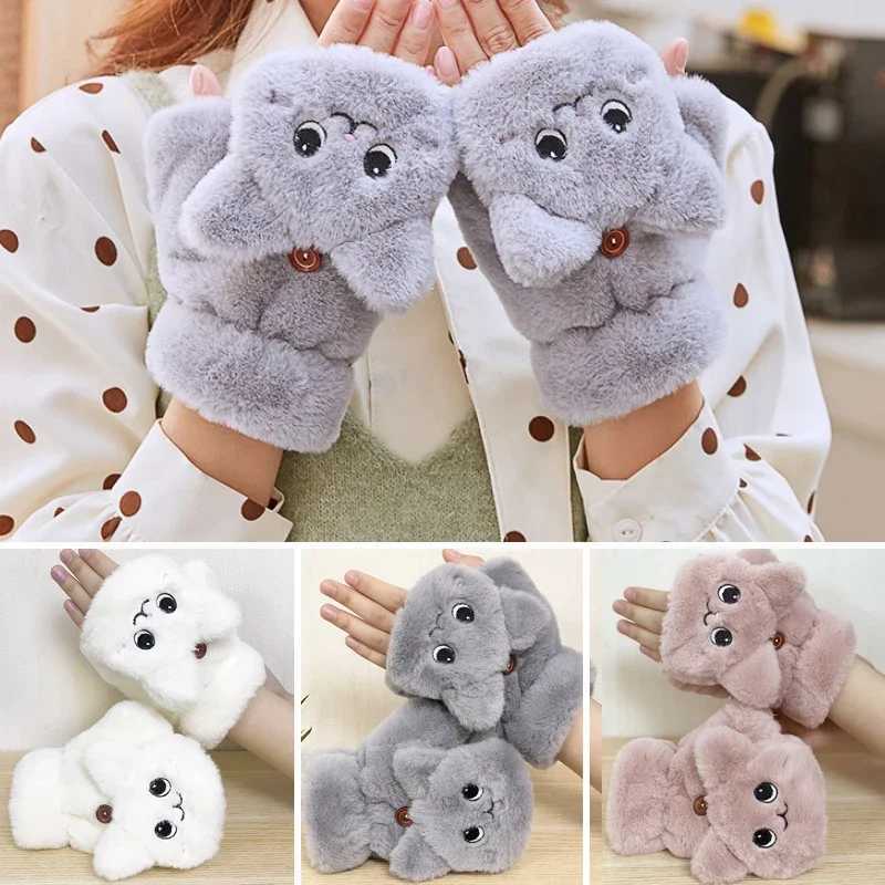 Fashionable womens plush warm G fur cat gloves with lapel fingers G soft girl thick G flexible half finger winter W241026